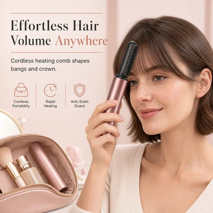 🔥50% OFF NOW!💇 Add Crown Volume Instantly! Cordless Heated Bangs Styling Comb, Portable Rechargeable Mini Hot Brush for Travel Hair Styling