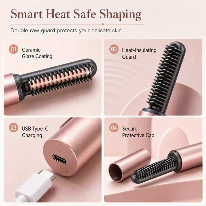 🔥50% OFF NOW!💇 Add Crown Volume Instantly! Cordless Heated Bangs Styling Comb, Portable Rechargeable Mini Hot Brush for Travel Hair Styling