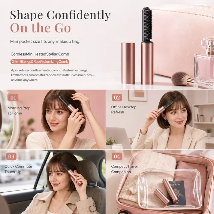 🔥50% OFF NOW!💇 Add Crown Volume Instantly! Cordless Heated Bangs Styling Comb, Portable Rechargeable Mini Hot Brush for Travel Hair Styling