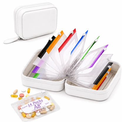 💊A8 Waterproof 14-Pouch Weekly Pill Organizer, Color-Coded Travel Storage for Vitamins & Supplements
